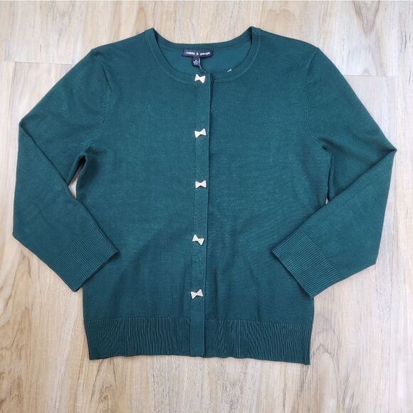 🩵NWT Cable & Gauge Green w/Rhinestone Bows 3/4 Sleeve Cardigan Medium - Picture 1 of 12